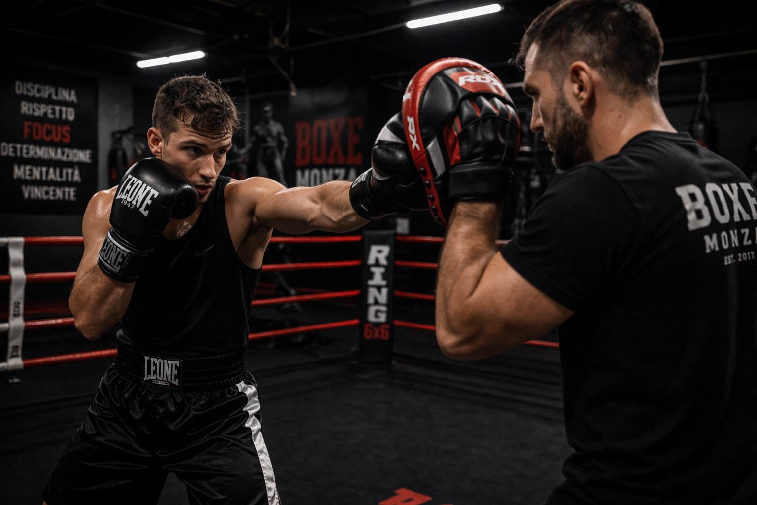 Boxe a Monza — allenamento sul ring professionale 6x6 con guantoni Leone